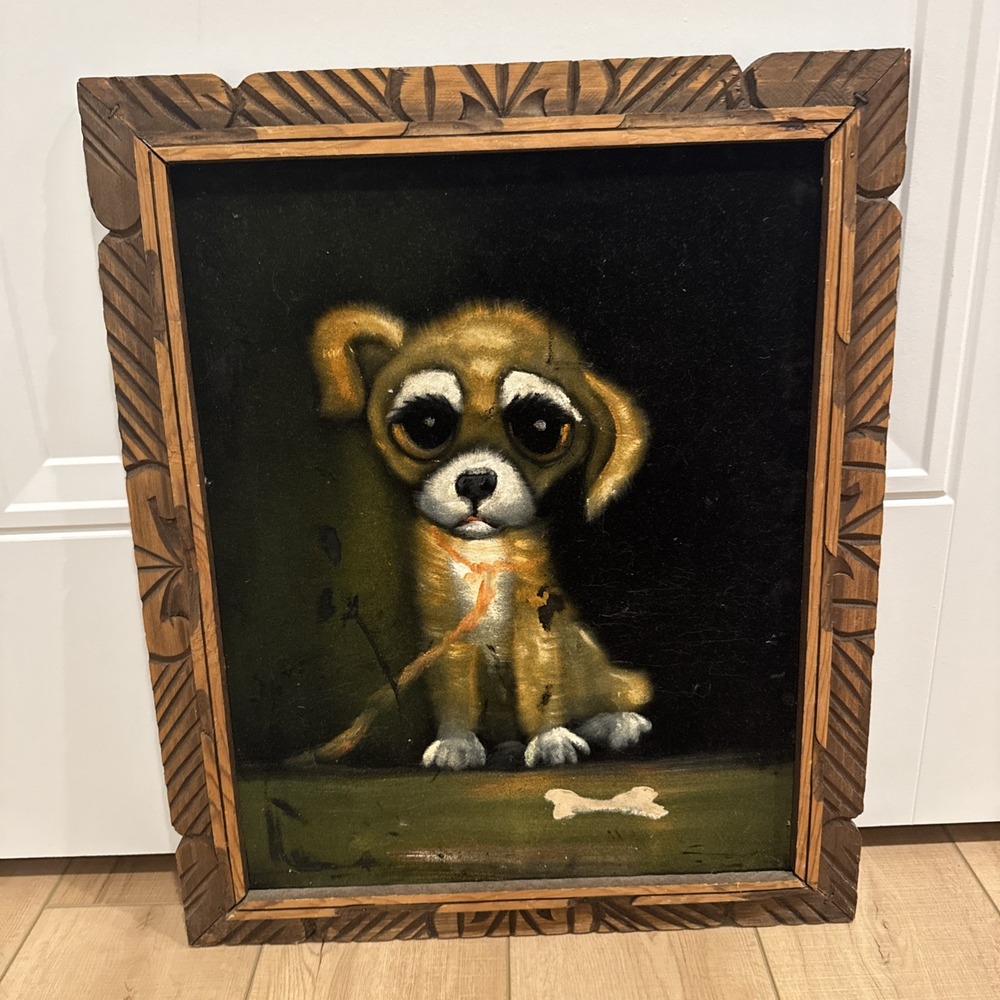 VTG Black Velvet Dog Painting Hand Carved Wood Frame 19X23